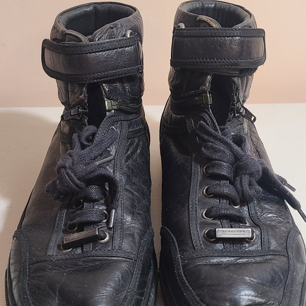 Men Burberry Black Sneakers Sz 44 11 Leather Vintage Rare Zip MSRP 1290 - Picture 6 of 14